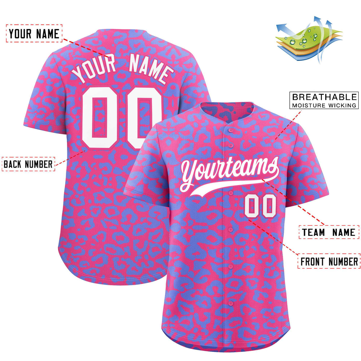 Custom Pink Light Blue Leopard Print Pattern Authentic Baseball Jersey