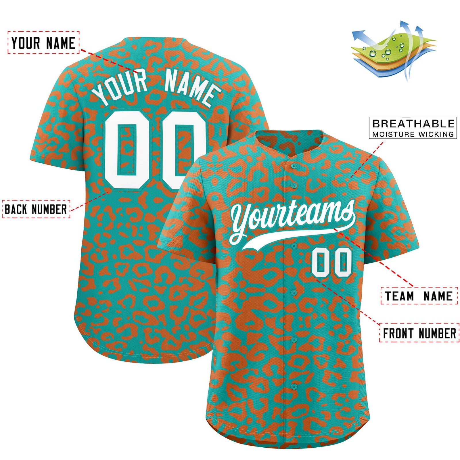 Custom Aqua Orange Leopard Print Pattern Authentic Baseball Jersey