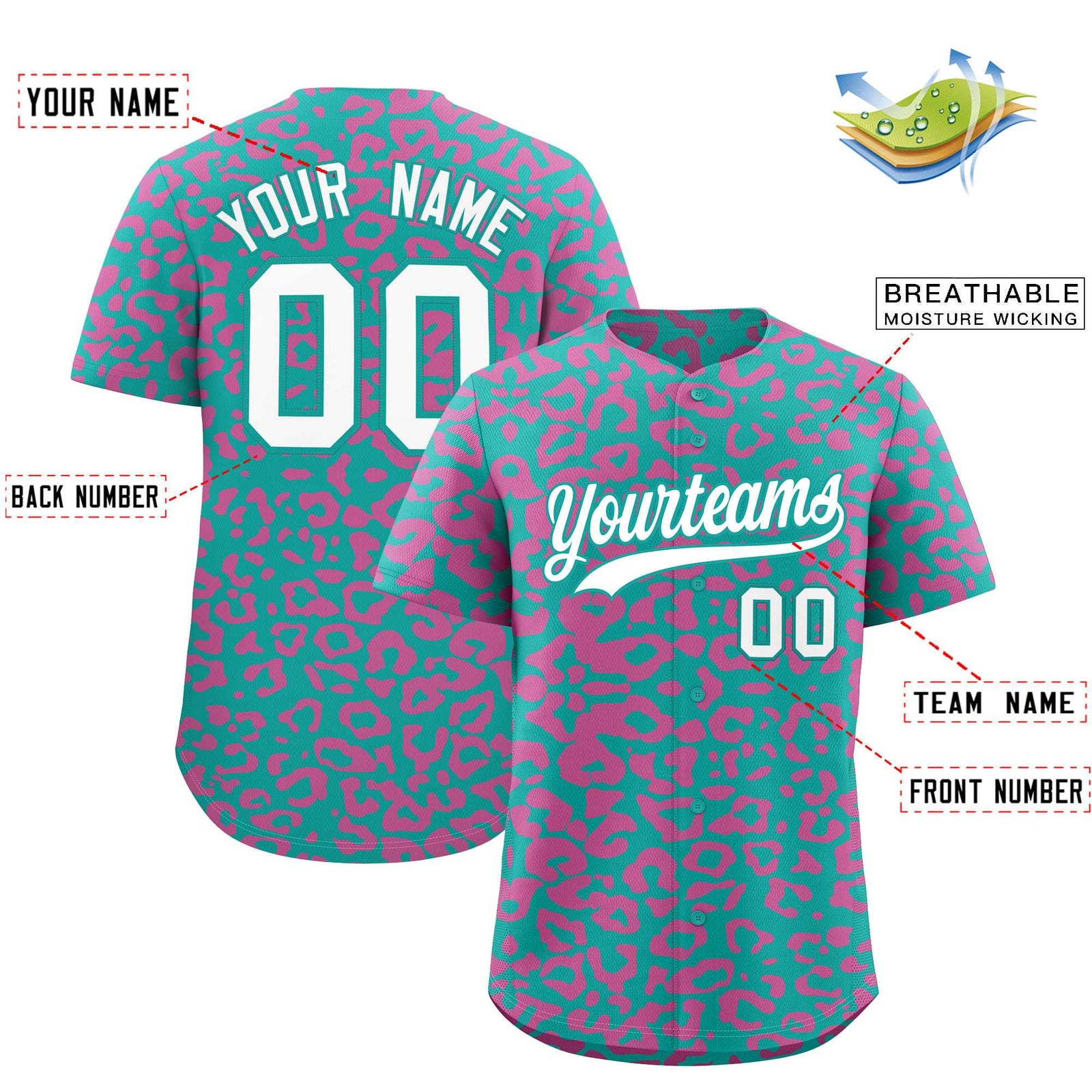 Custom Aqua Pink Leopard Print Pattern Authentic Baseball Jersey