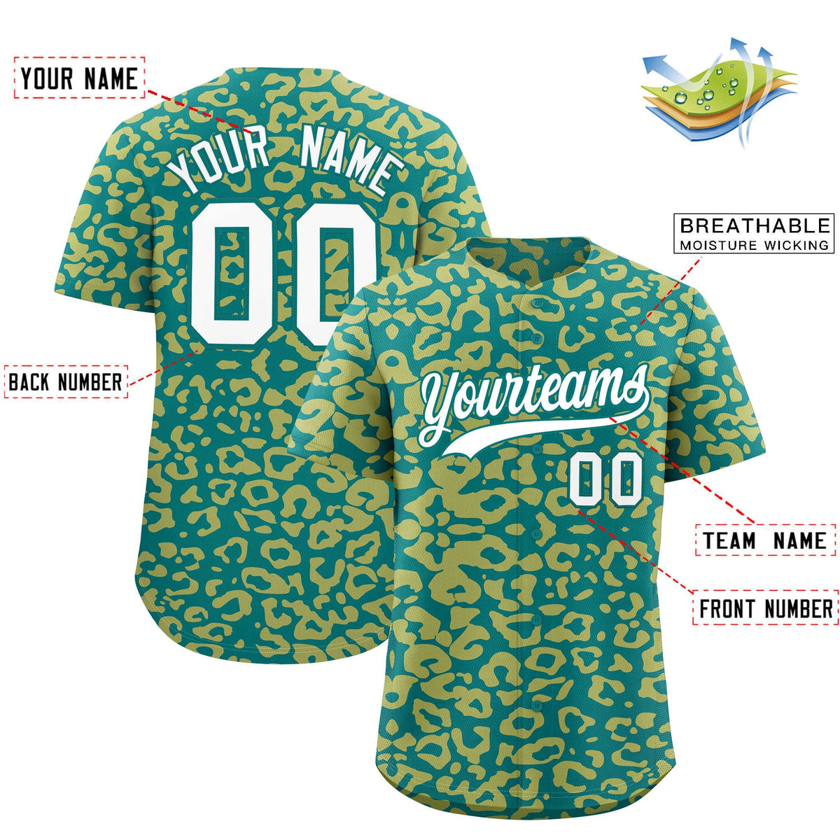 Custom Aqua Old Gold Leopard Print Pattern Authentic Baseball Jersey