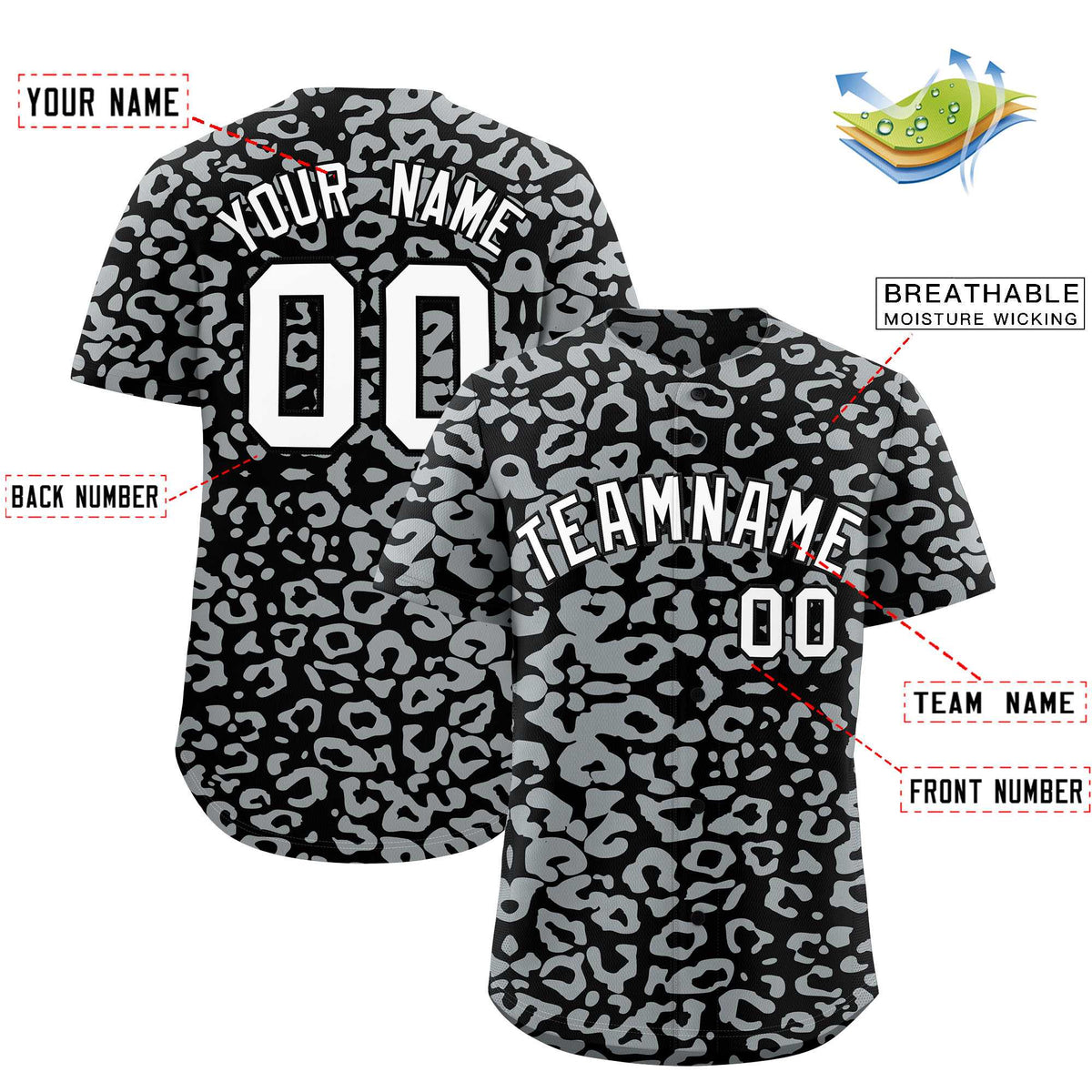 Custom Black Silver Leopard Print Pattern Authentic Baseball Jersey