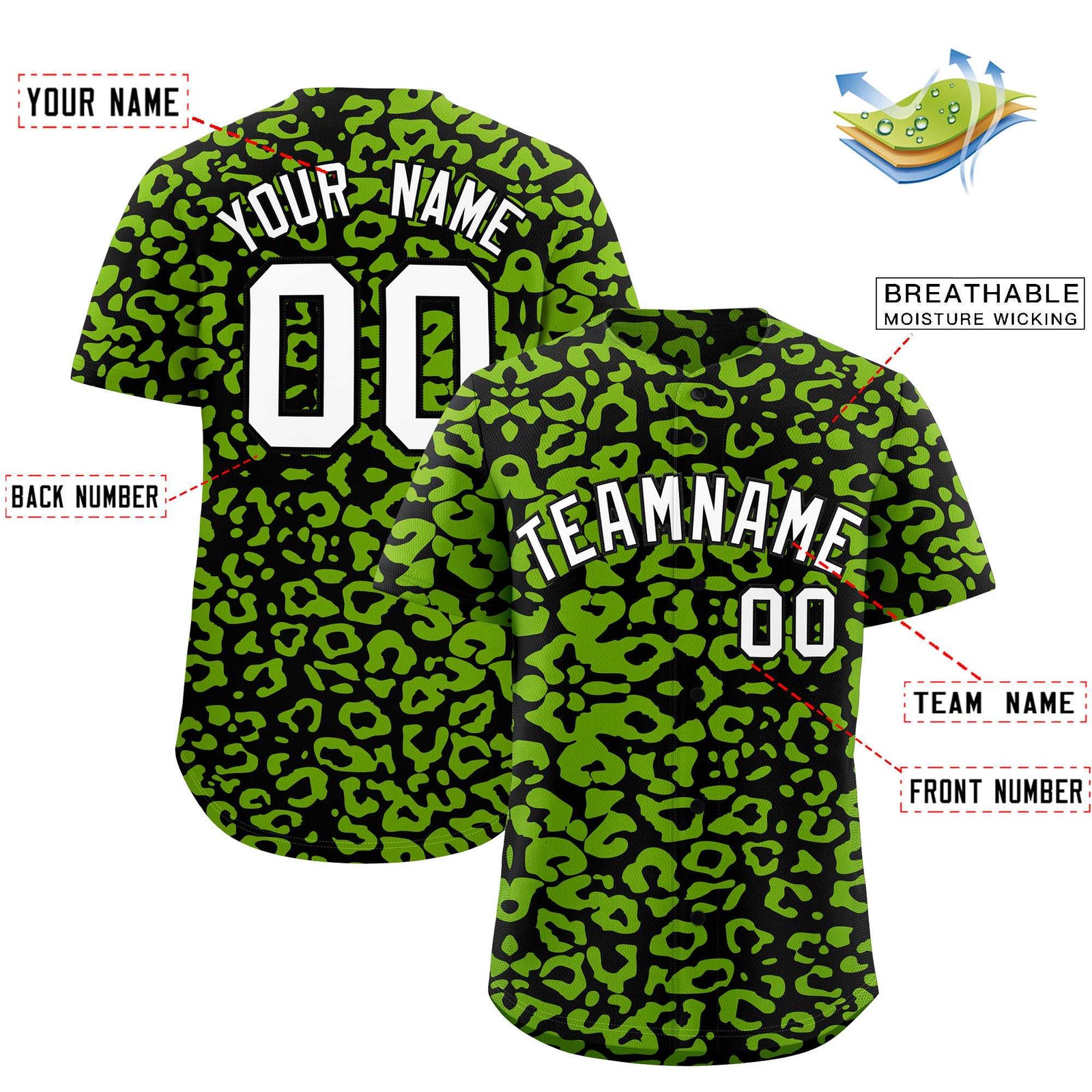 Custom Black Neon Green Leopard Print Pattern Authentic Baseball Jersey