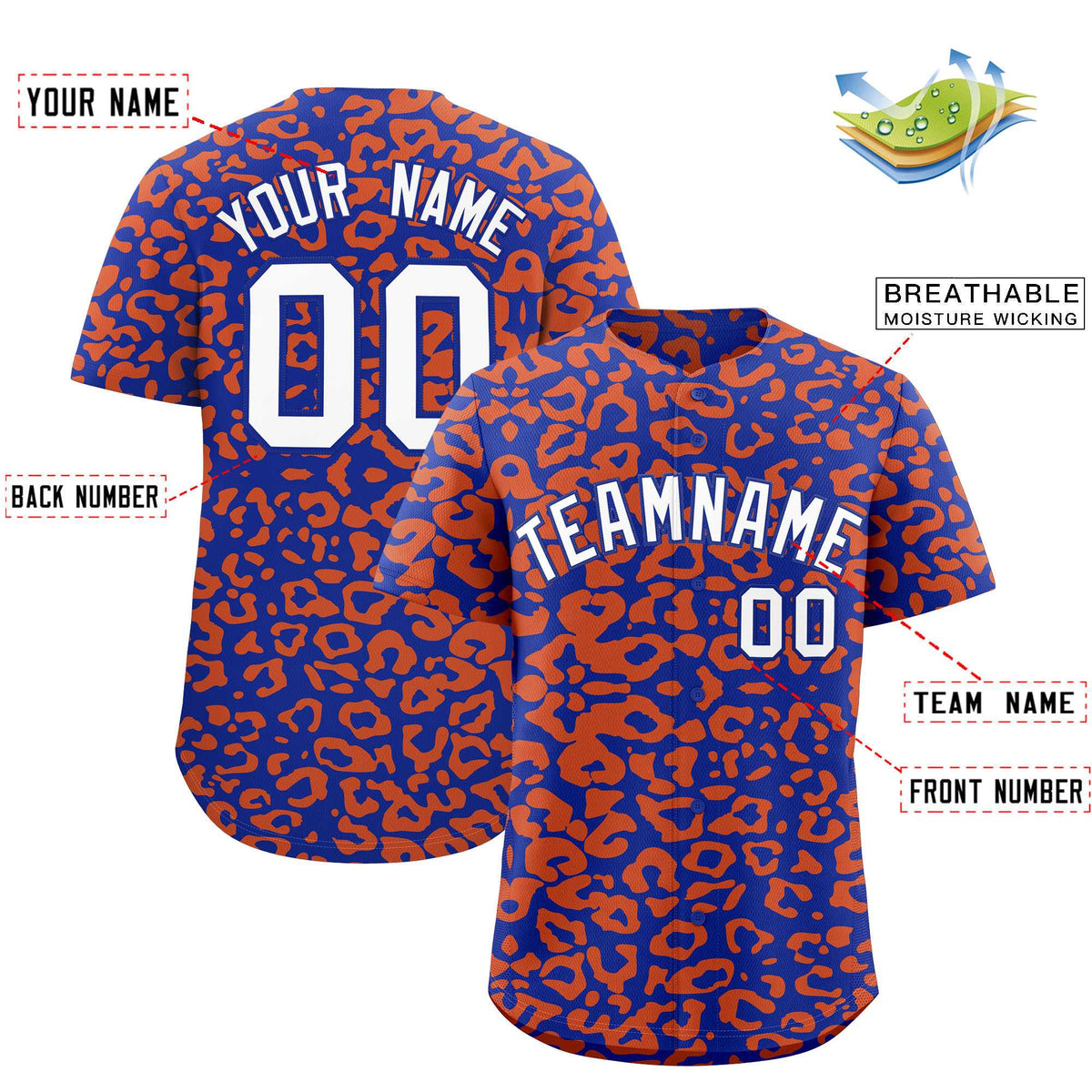 Custom Royal Orange Leopard Print Pattern Authentic Baseball Jersey