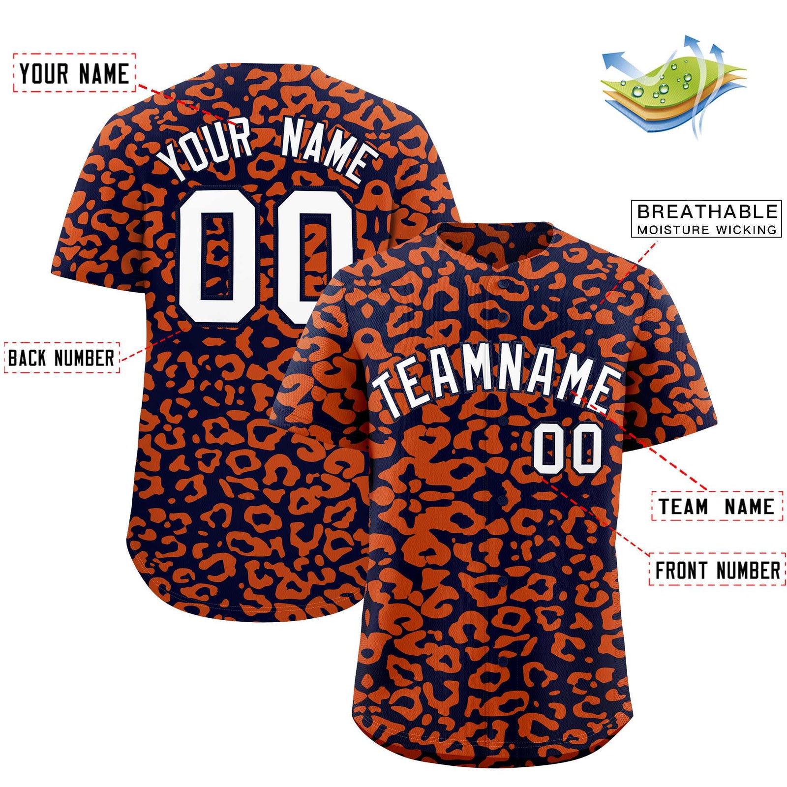 Custom Navy Orange Leopard Print Pattern Authentic Baseball Jersey