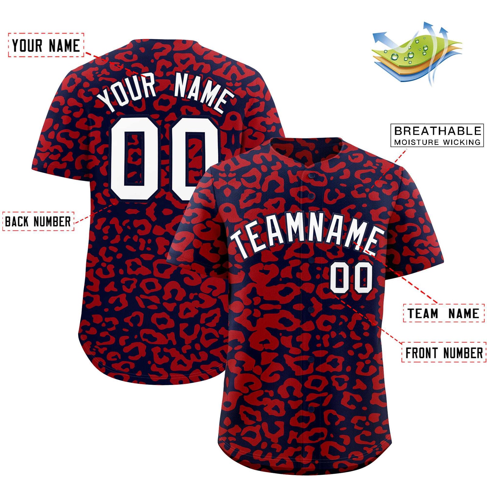 Custom Navy Red Leopard Print Pattern Authentic Baseball Jersey