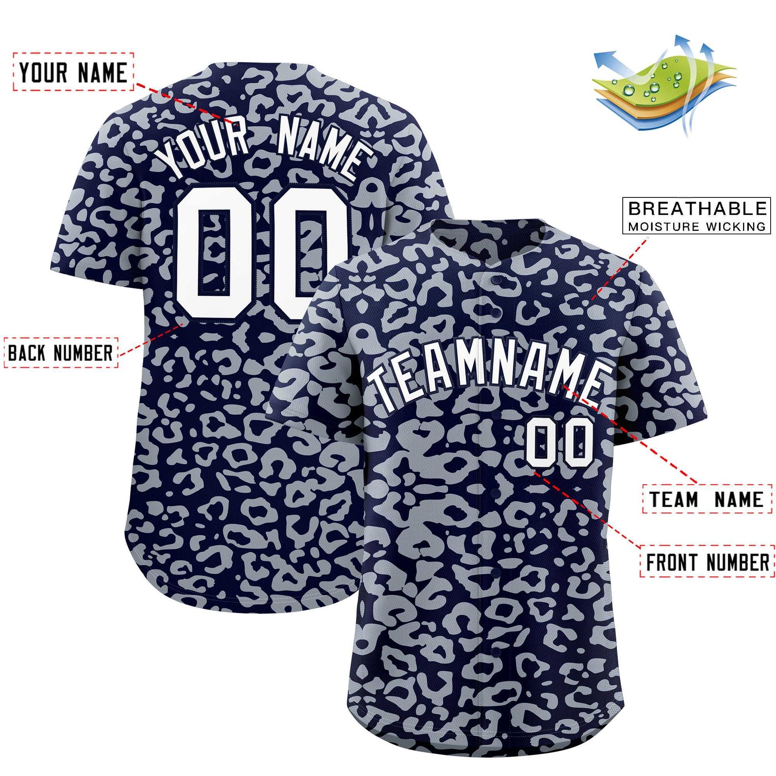 Custom Navy Silver Leopard Print Pattern Authentic Baseball Jersey