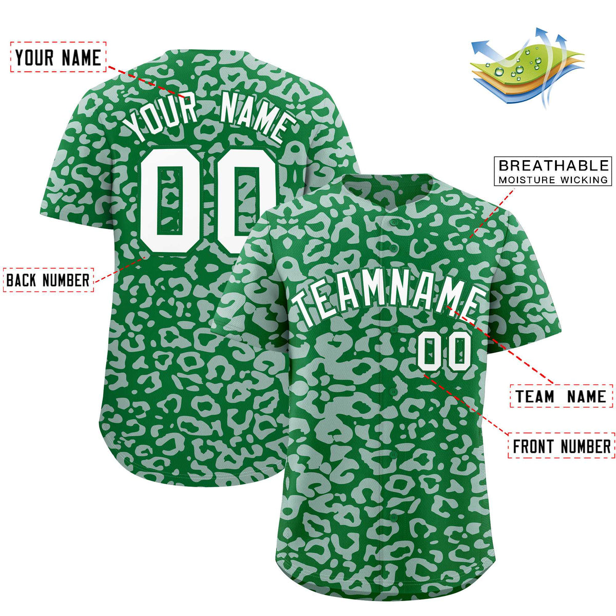 Custom Kelly Green Silver Leopard Print Pattern Authentic Baseball Jersey
