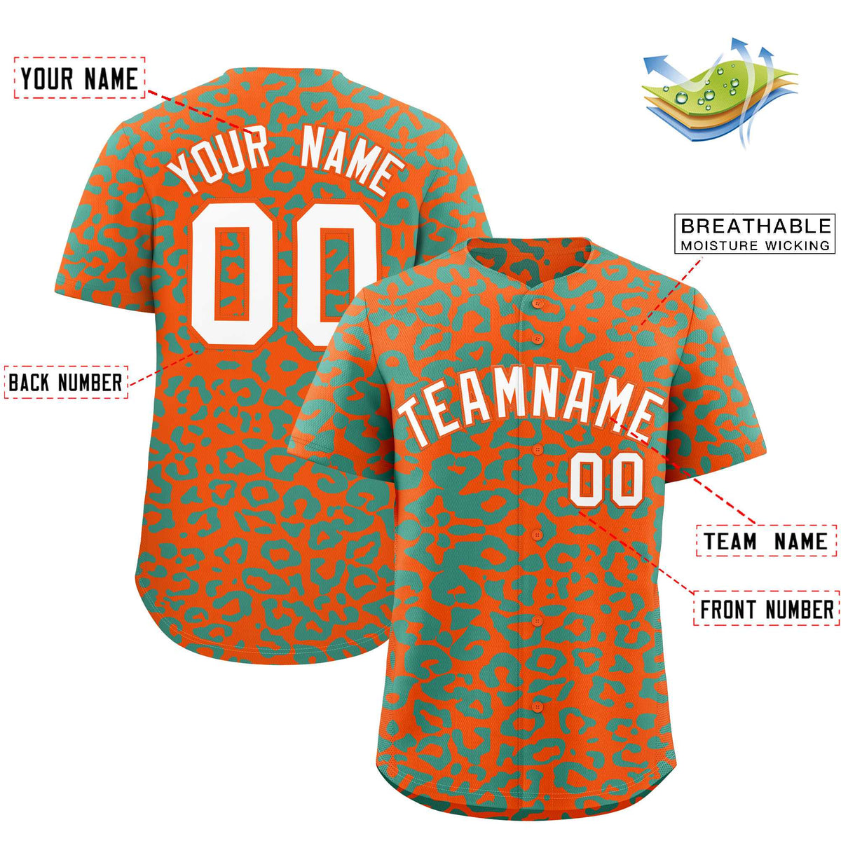 Custom Orange Aqua Leopard Print Pattern Authentic Baseball Jersey