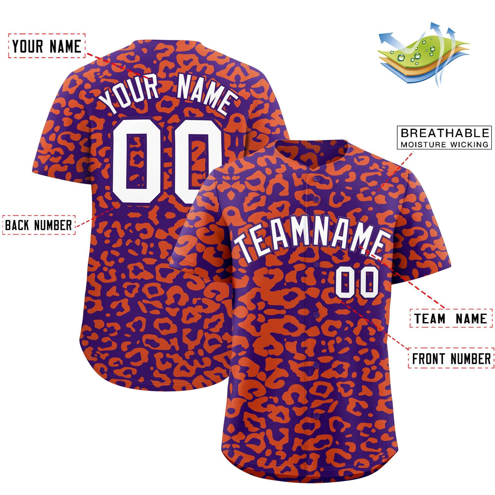 Custom Purple Orange Leopard Print Pattern Authentic Baseball Jersey