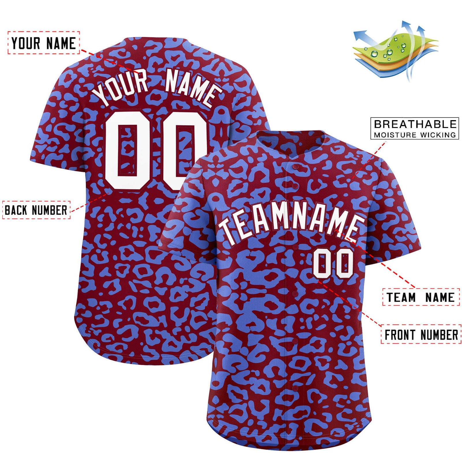 Custom Crimson Light Blue Leopard Print Pattern Authentic Baseball Jersey