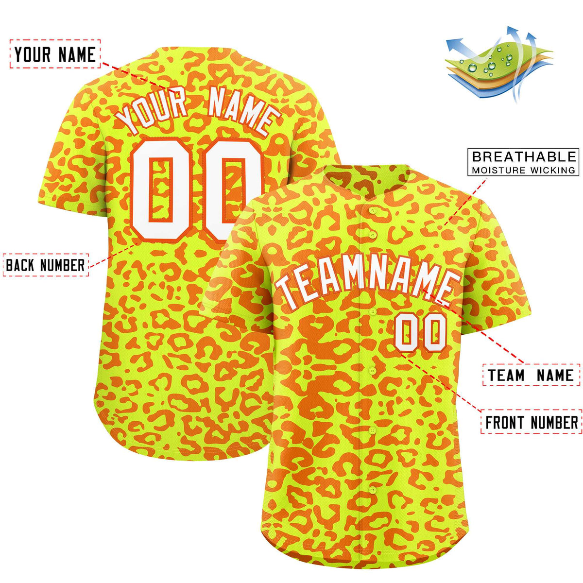 Custom Fluorescent Green Orange Leopard Print Pattern Authentic Baseball Jersey