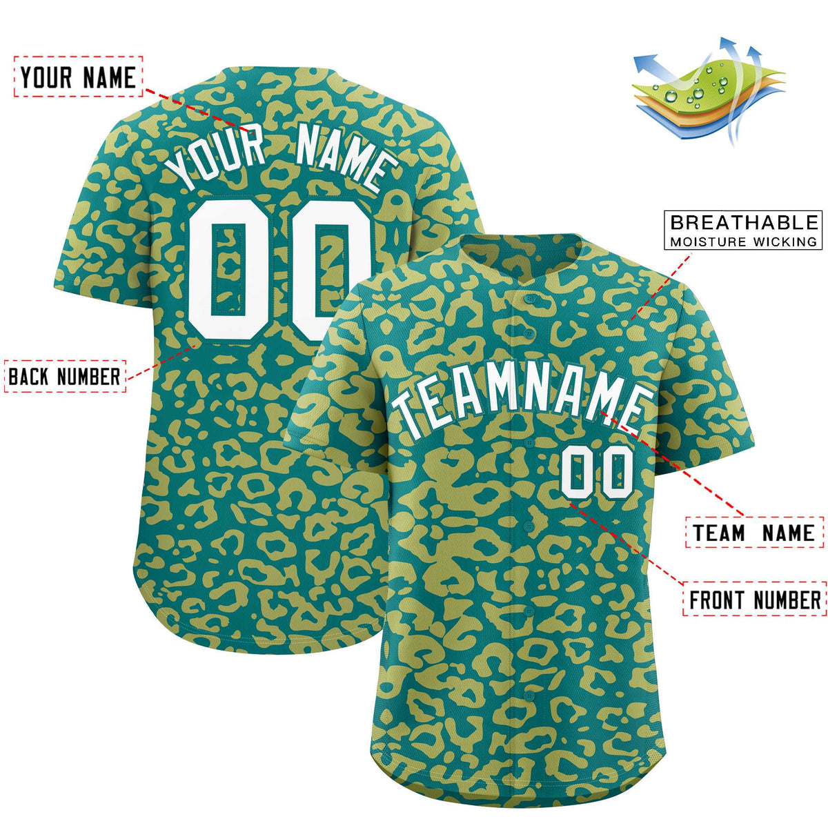 Custom Aqua Old Gold Leopard Print Pattern Authentic Baseball Jersey