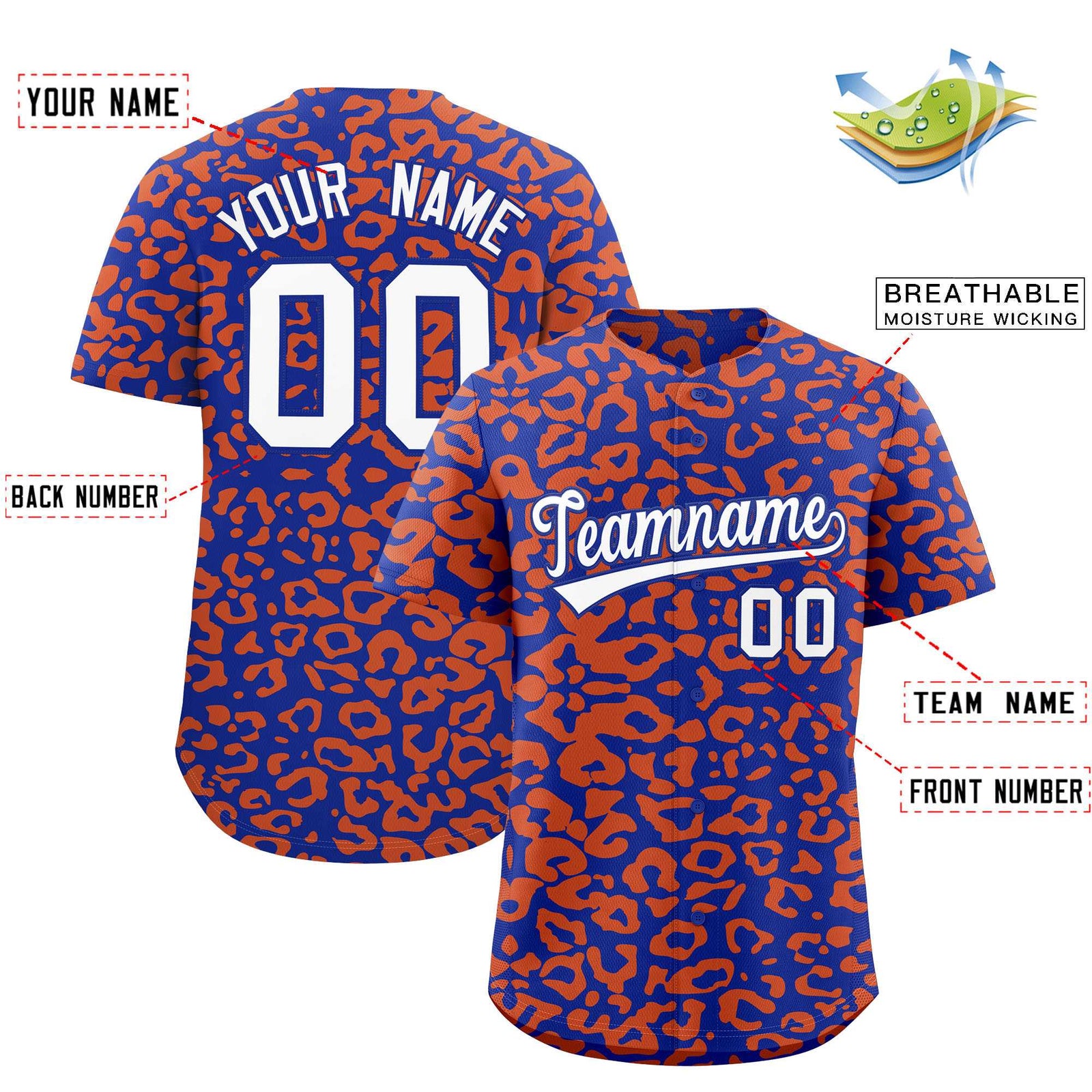 Custom Royal Orange Leopard Print Pattern Authentic Baseball Jersey