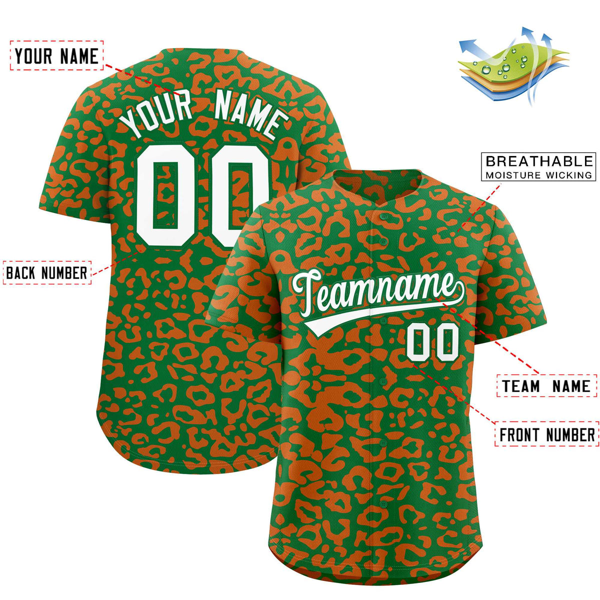 Custom Kelly Green Orange Leopard Print Pattern Authentic Baseball Jersey