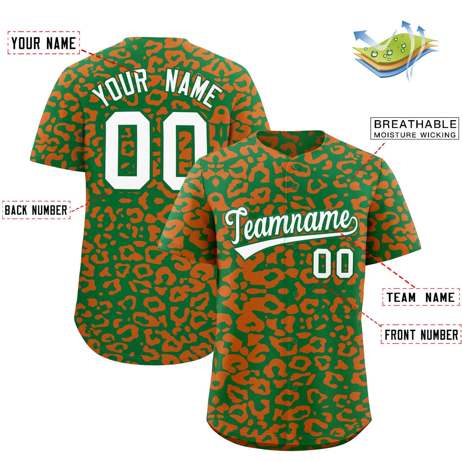Custom Kelly Green Orange Leopard Print Pattern Authentic Baseball Jersey