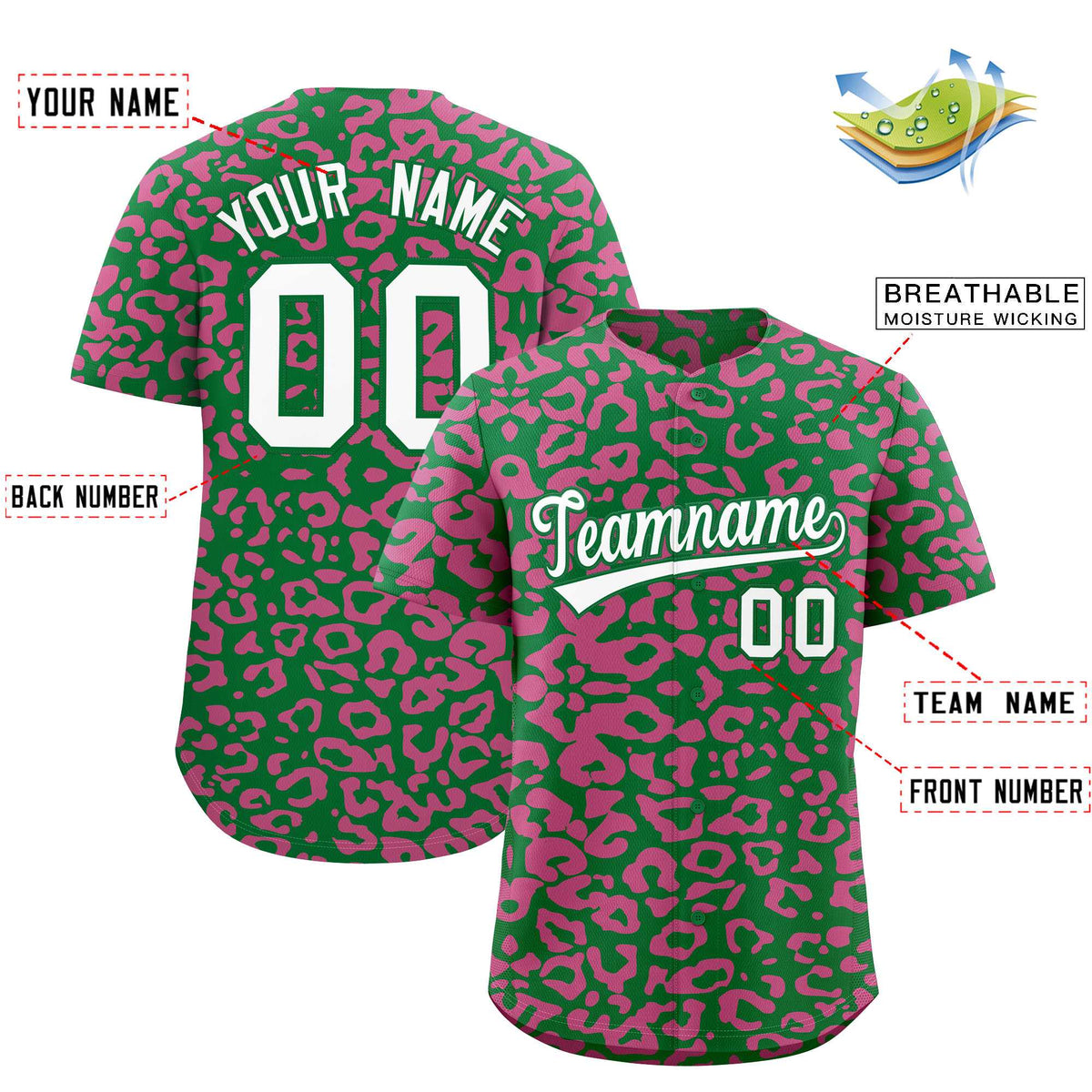 Custom Kelly Green Pink Leopard Print Pattern Authentic Baseball Jersey