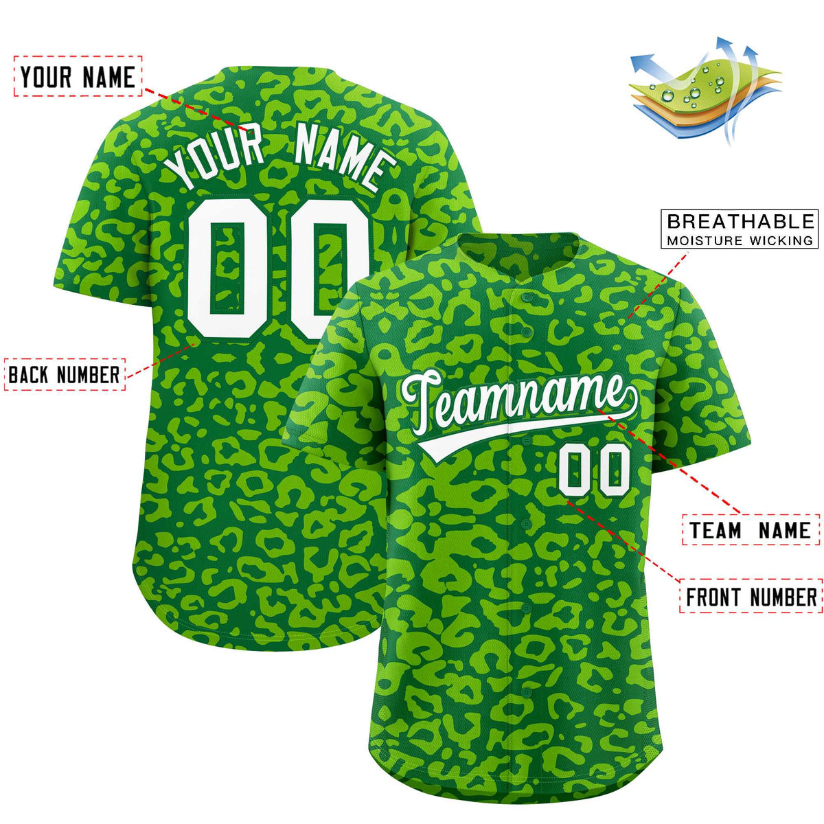 Custom Kelly Green Neon Green Leopard Print Pattern Authentic Baseball Jersey