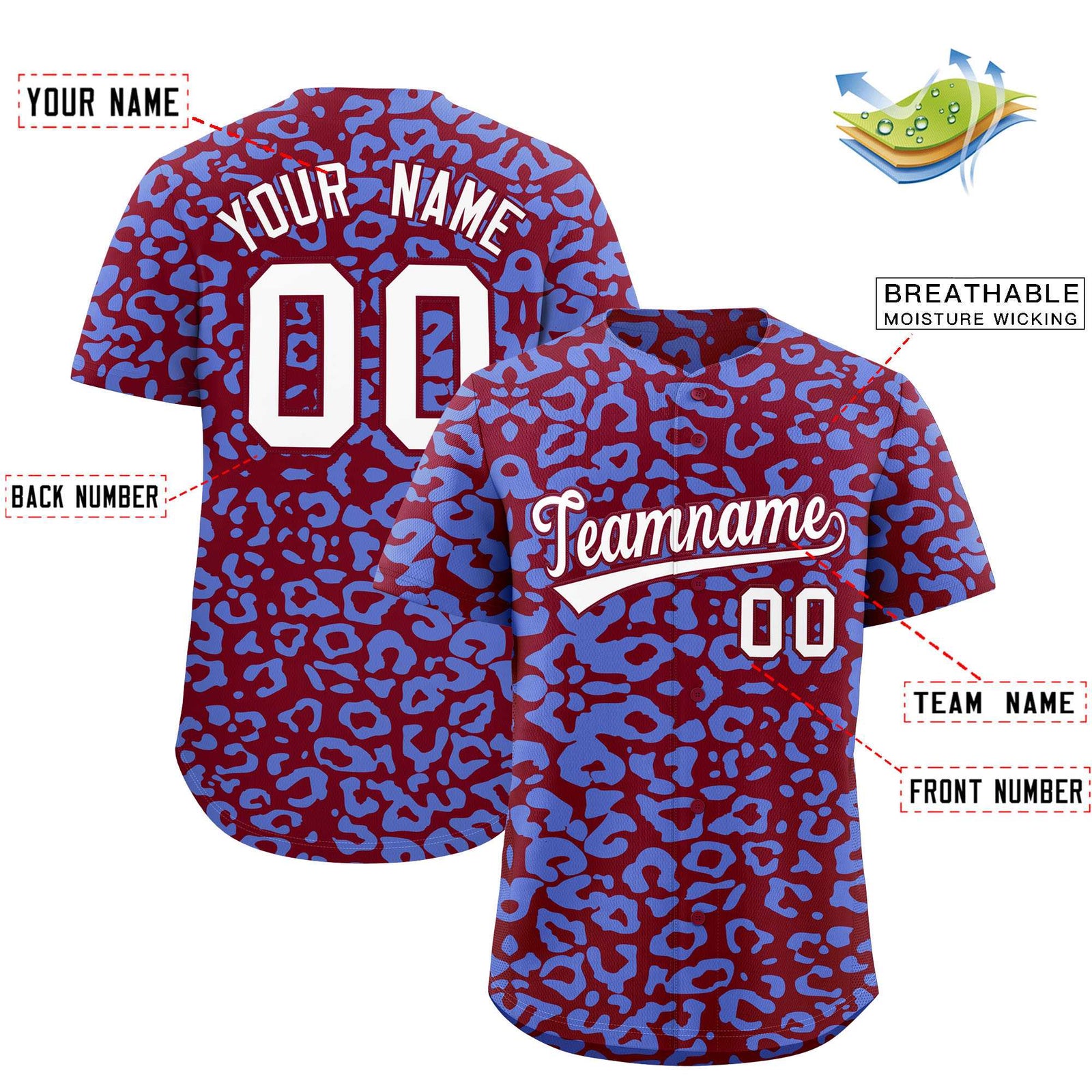 Custom Crimson Light Blue Leopard Print Pattern Authentic Baseball Jersey