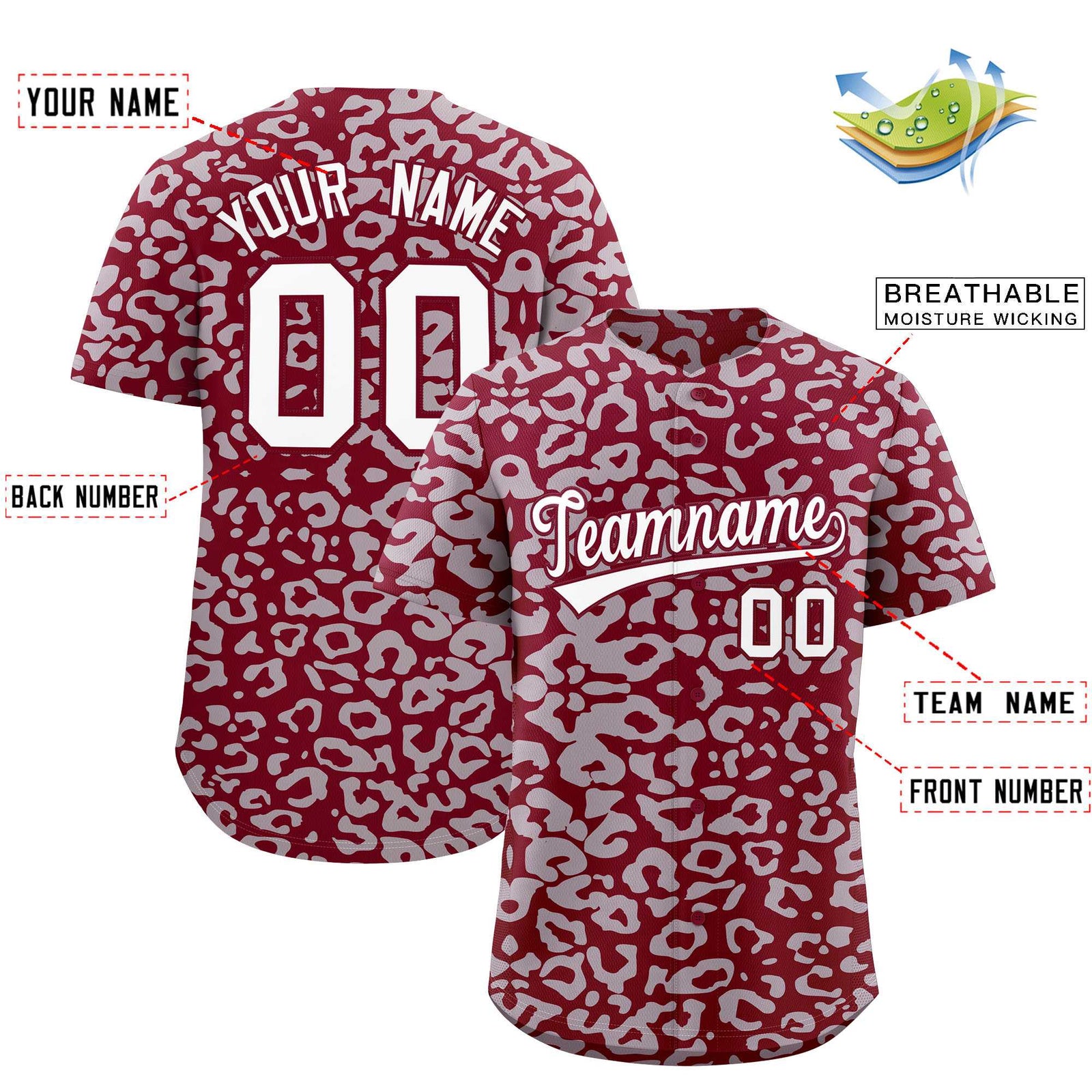 Custom Crimson Silver Leopard Print Pattern Authentic Baseball Jersey