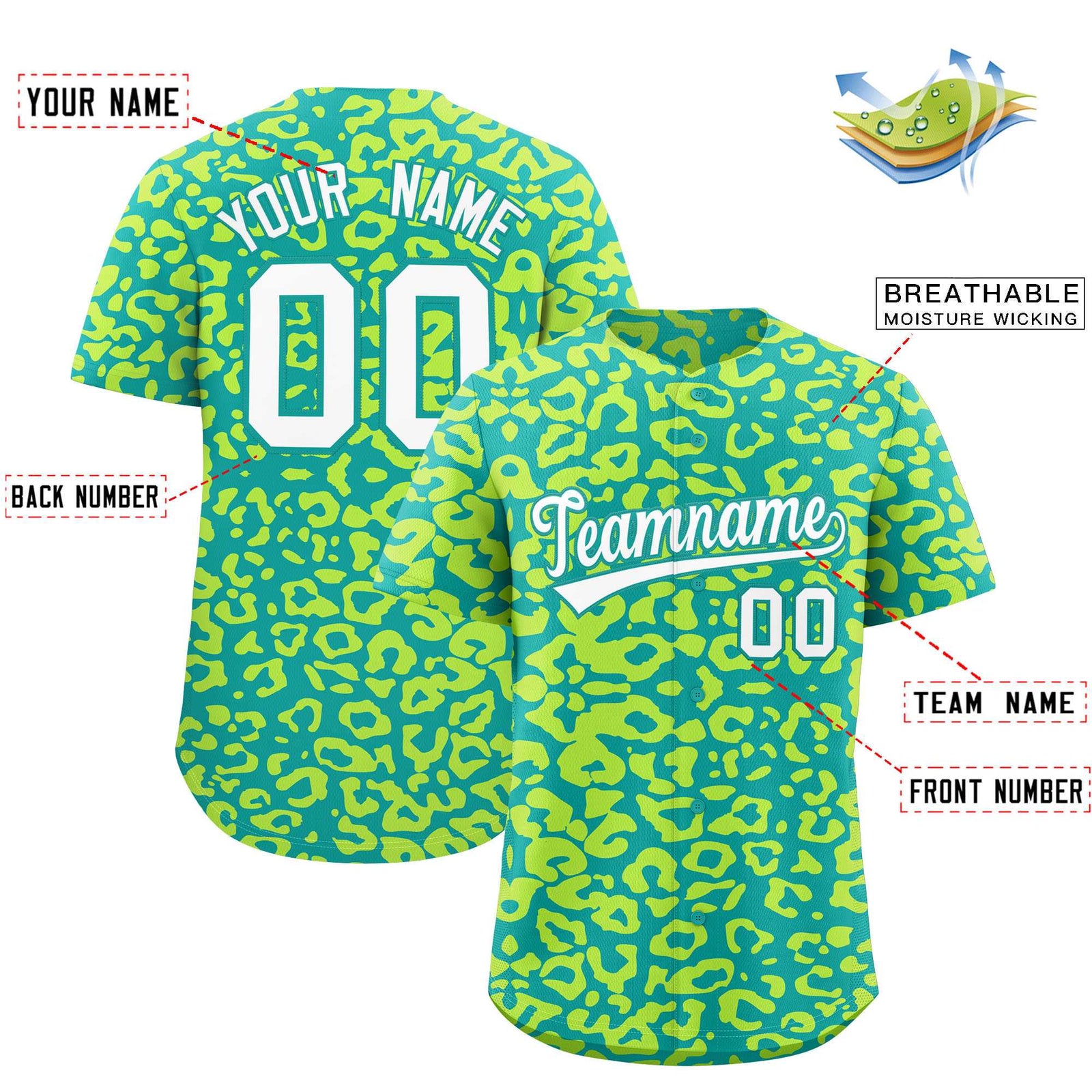 Custom Aqua Fluorescent Green Leopard Print Pattern Authentic Baseball Jersey