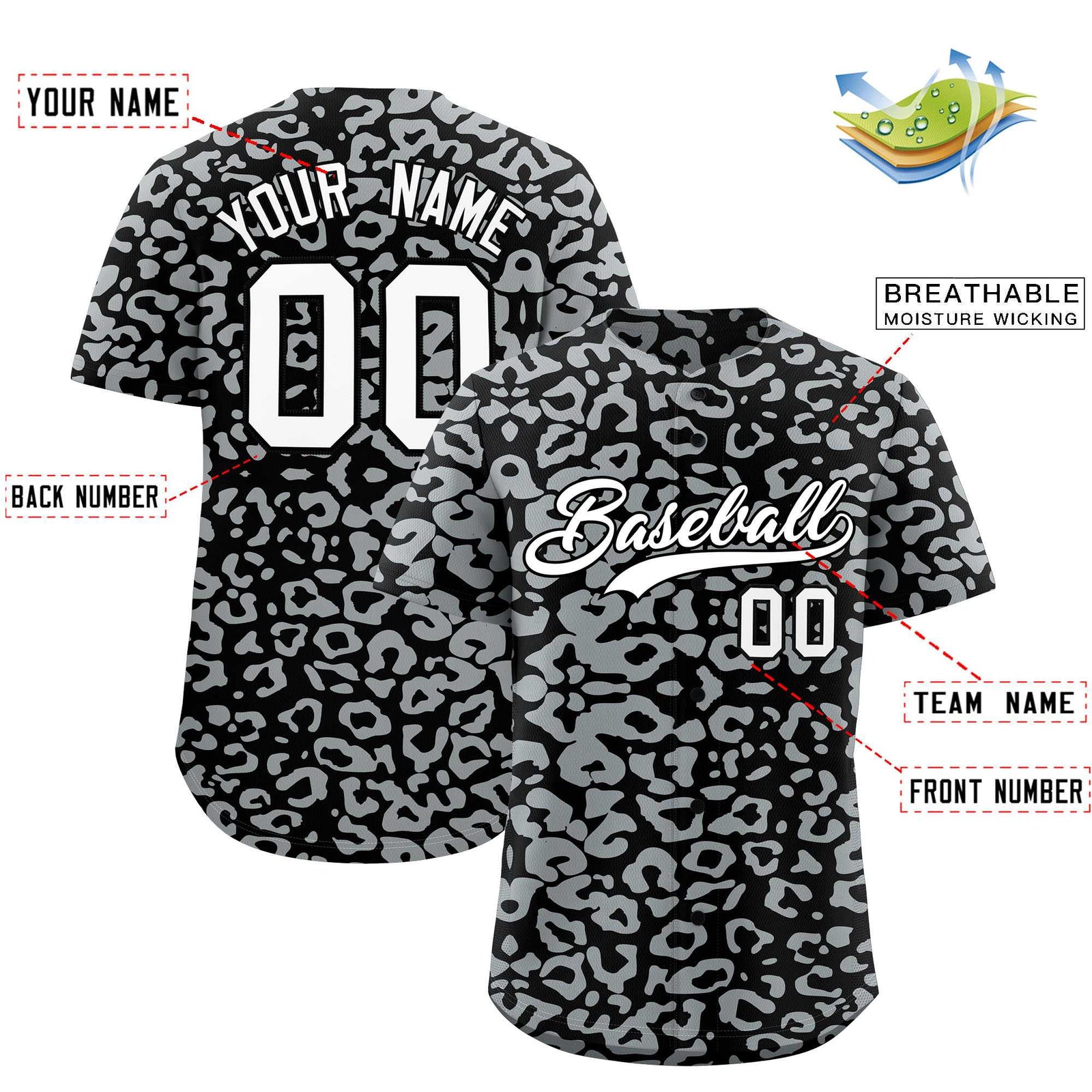 Custom Black Silver Leopard Print Pattern Authentic Baseball Jersey