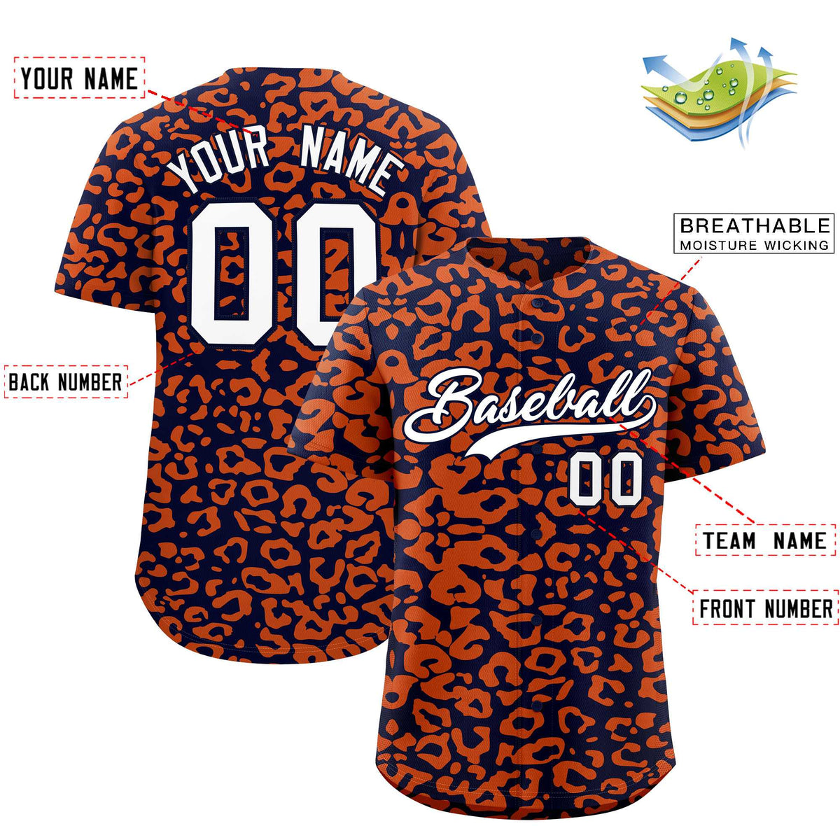 Custom Navy Orange Leopard Print Pattern Authentic Baseball Jersey
