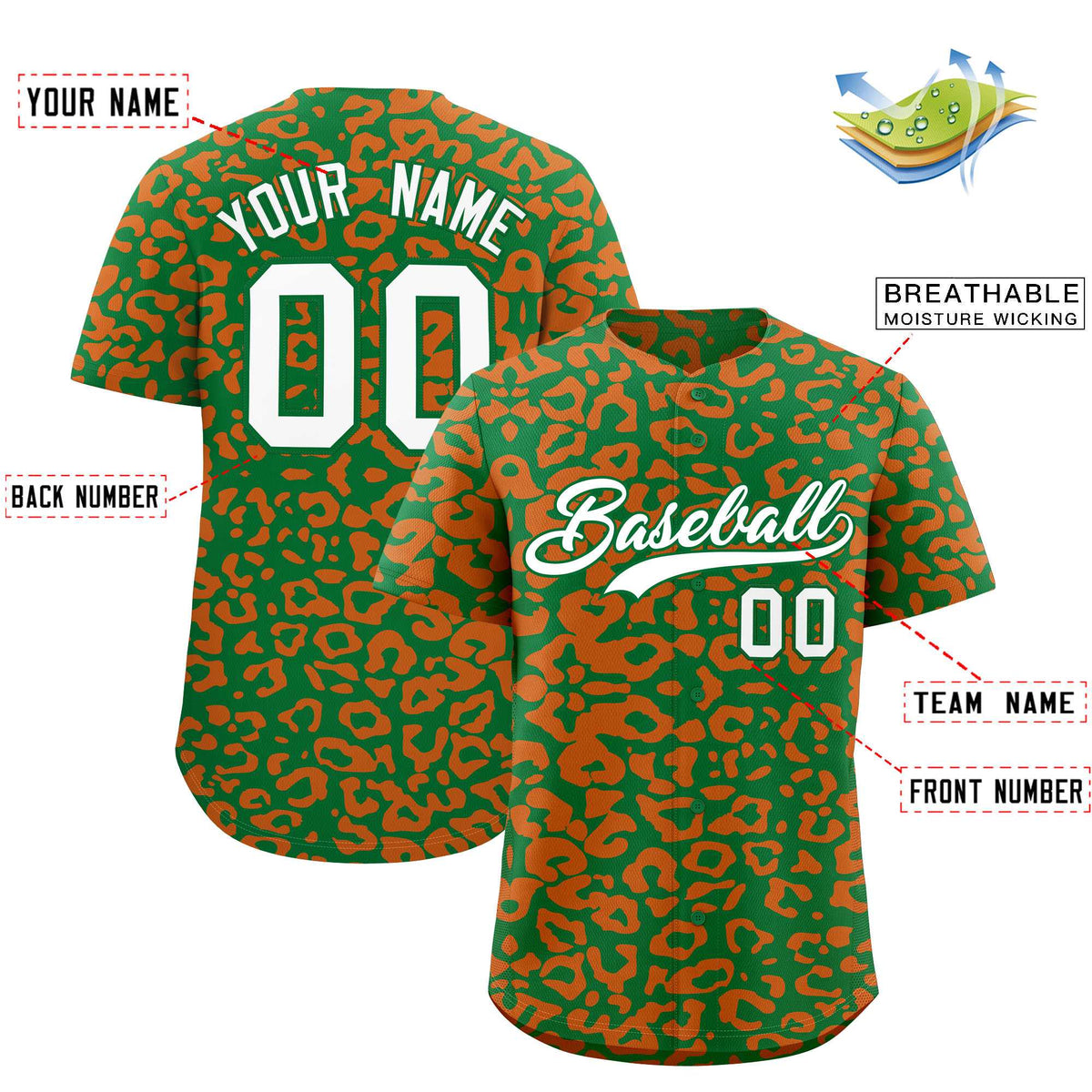 Custom Kelly Green Orange Leopard Print Pattern Authentic Baseball Jersey