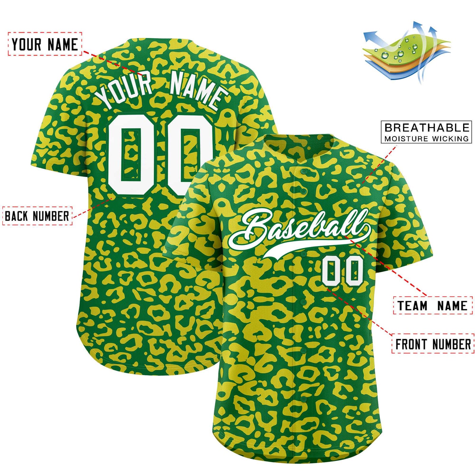 Custom Kelly Green Gold Leopard Print Pattern Authentic Baseball Jersey