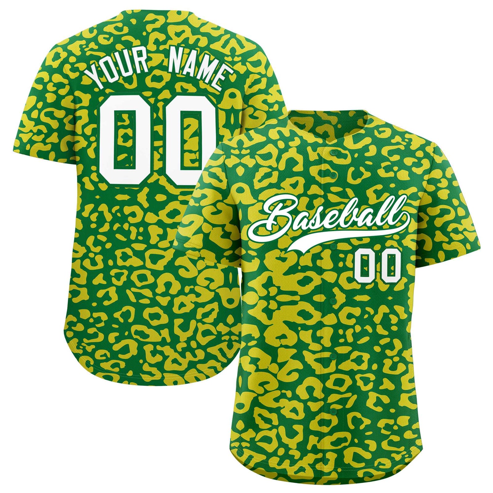 Custom Kelly Green Gold Leopard Print Pattern Authentic Baseball Jersey