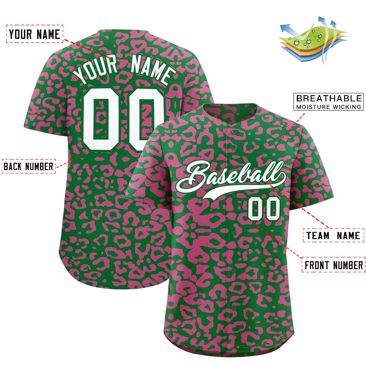 Custom Kelly Green Pink Leopard Print Pattern Authentic Baseball Jersey