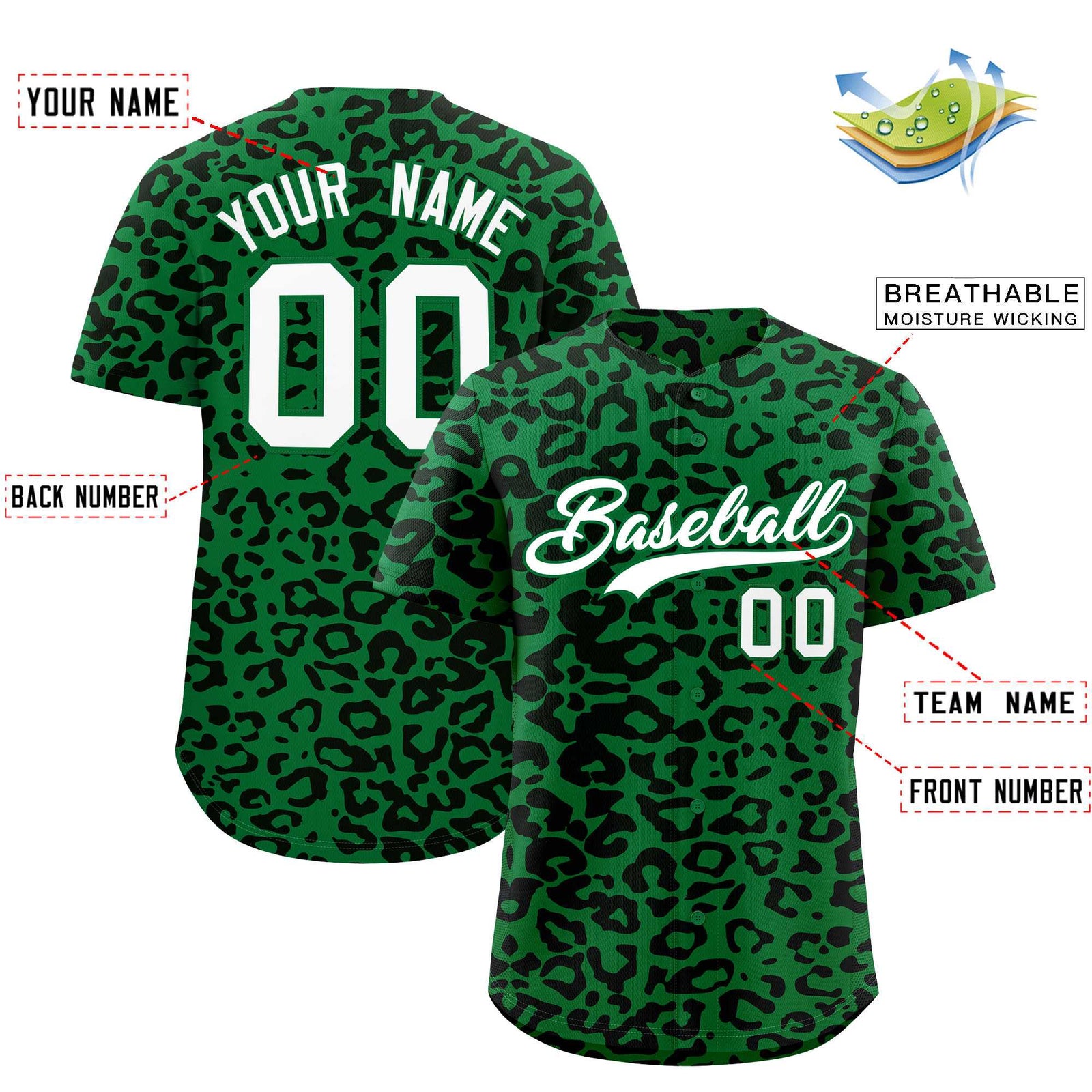 Custom Kelly Green Black Leopard Print Pattern Authentic Baseball Jersey