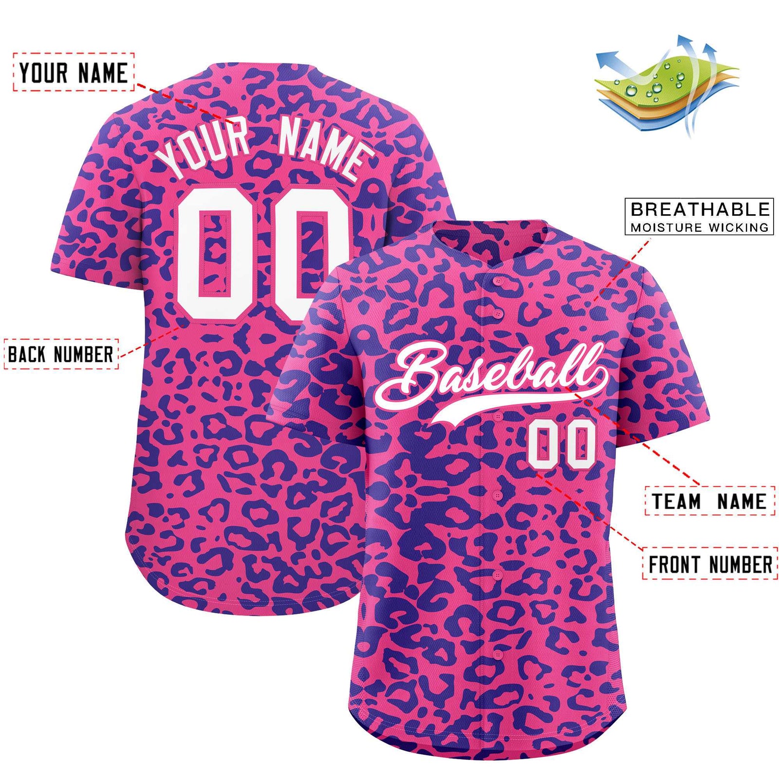 Custom Pink Royal Leopard Print Pattern Authentic Baseball Jersey
