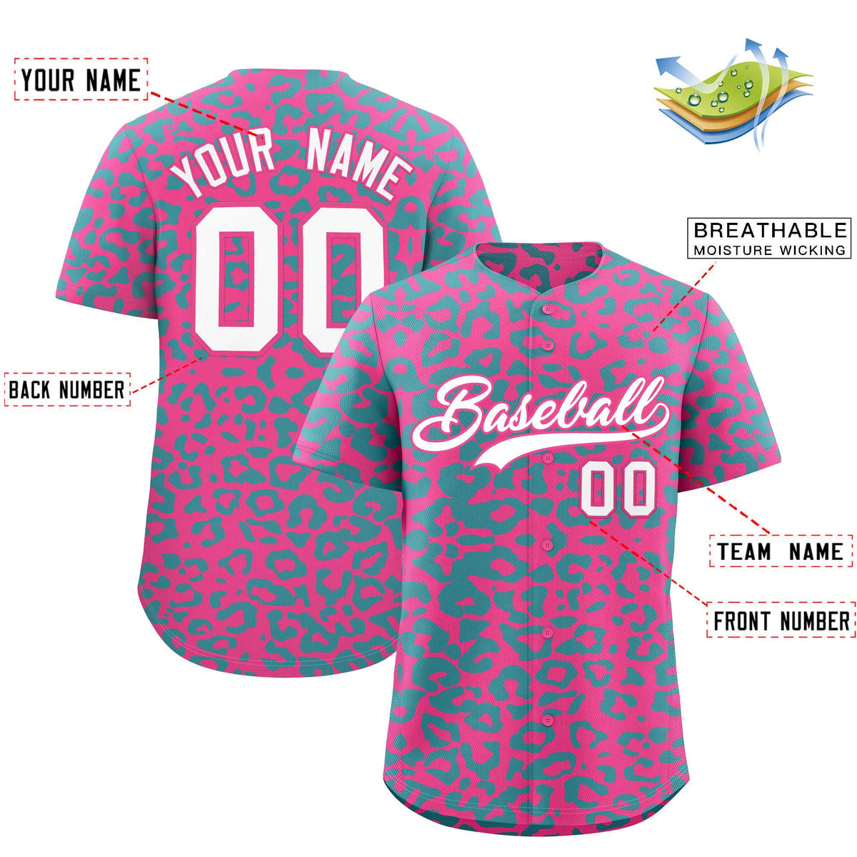 Custom Pink Aqua Leopard Print Pattern Authentic Baseball Jersey