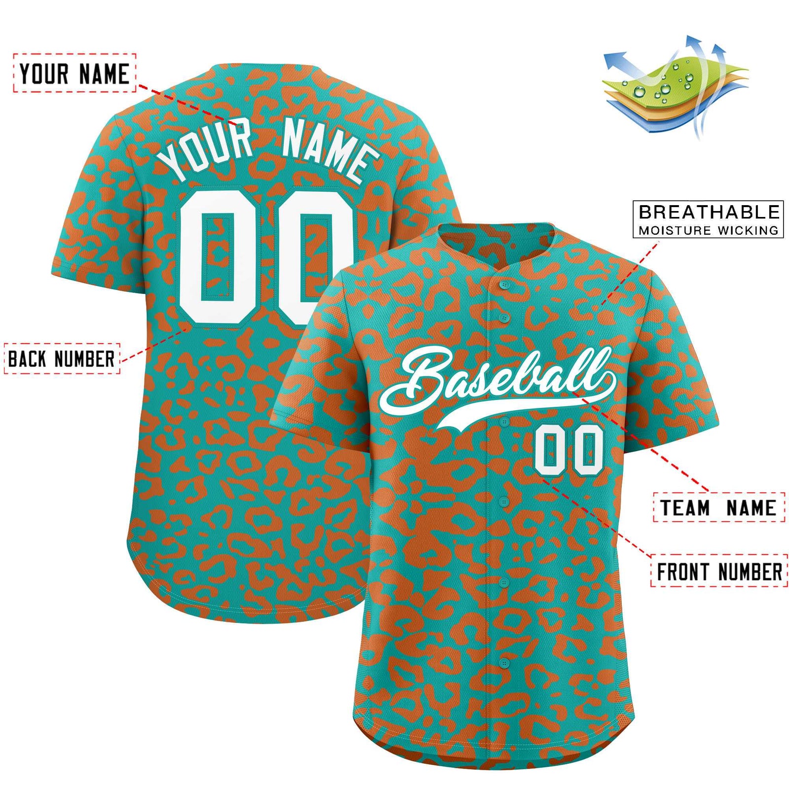 Custom Aqua Orange Leopard Print Pattern Authentic Baseball Jersey