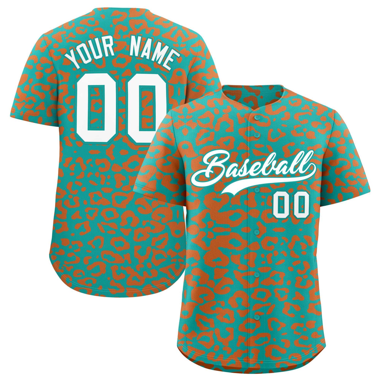 Custom Aqua Orange Leopard Print Pattern Authentic Baseball Jersey