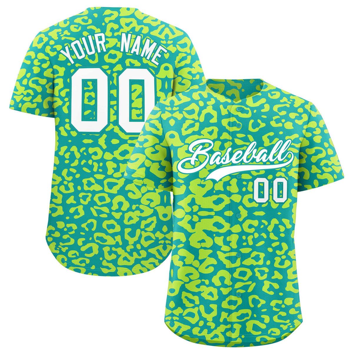 Custom Aqua Fluorescent Green Leopard Print Pattern Authentic Baseball Jersey