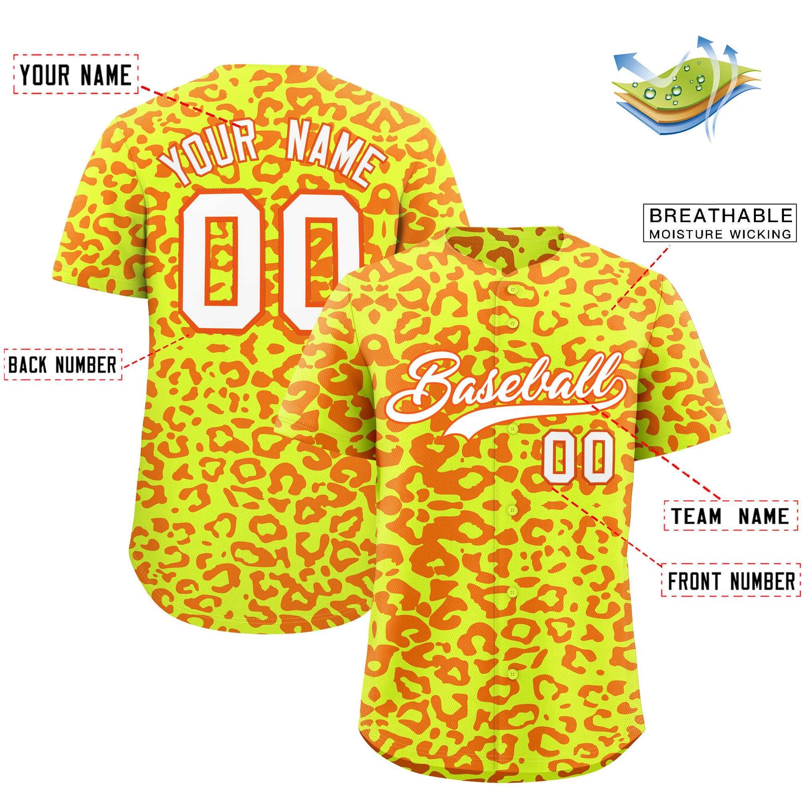 Custom Fluorescent Green Orange Leopard Print Pattern Authentic Baseball Jersey