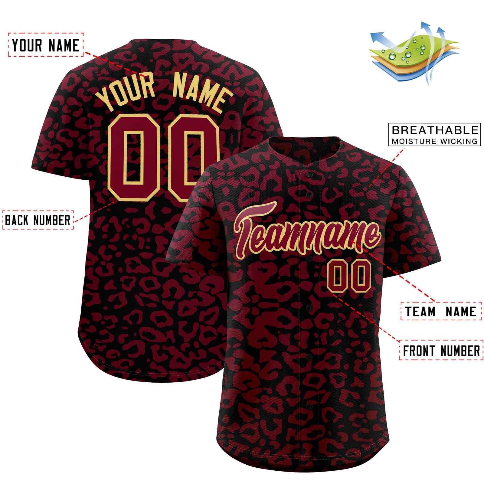 Custom Black Crimson Leopard Print Pattern Authentic Baseball Jersey