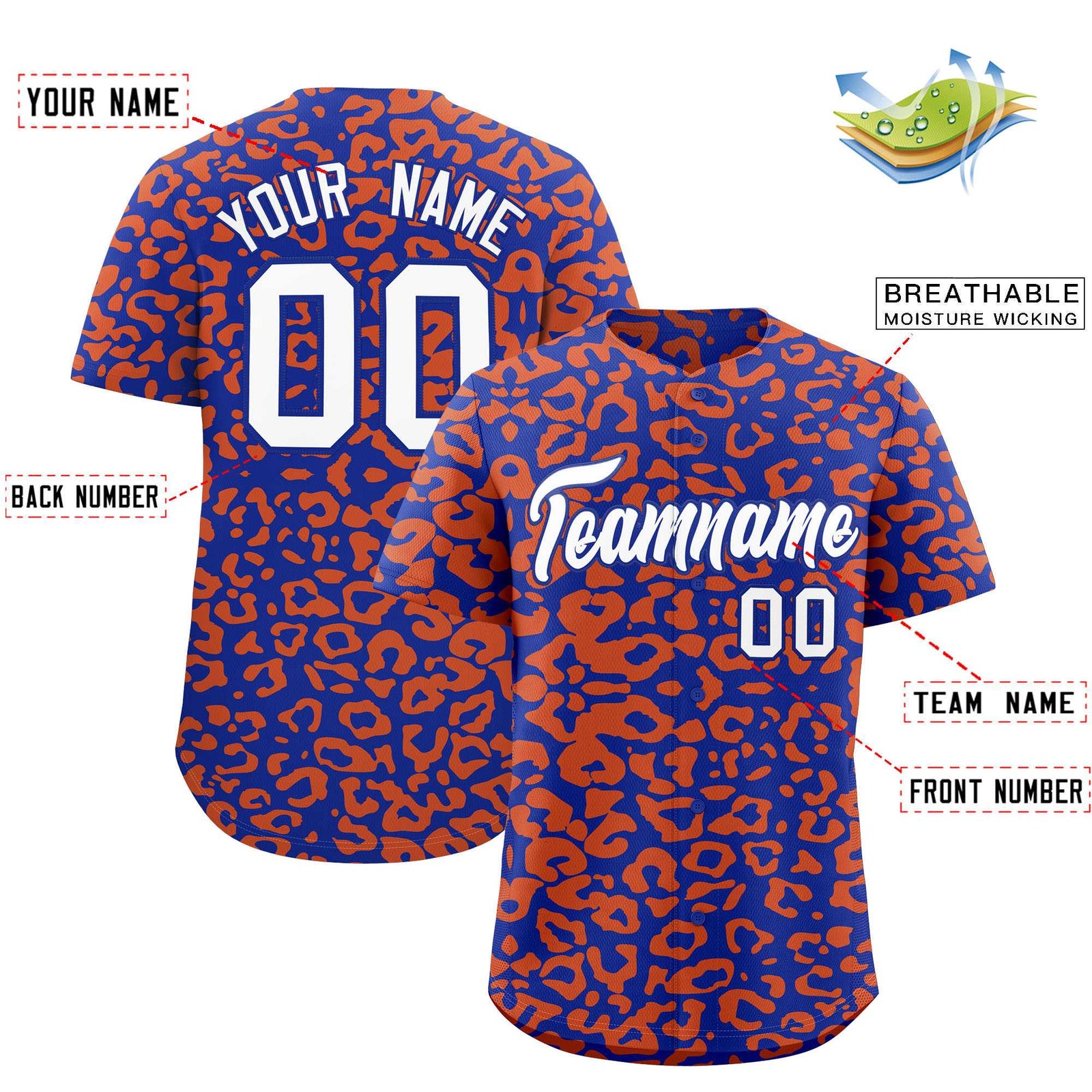 Custom Royal Orange Leopard Print Pattern Authentic Baseball Jersey