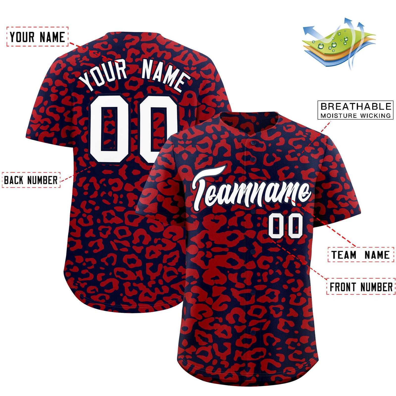 Custom Navy Red Leopard Print Pattern Authentic Baseball Jersey
