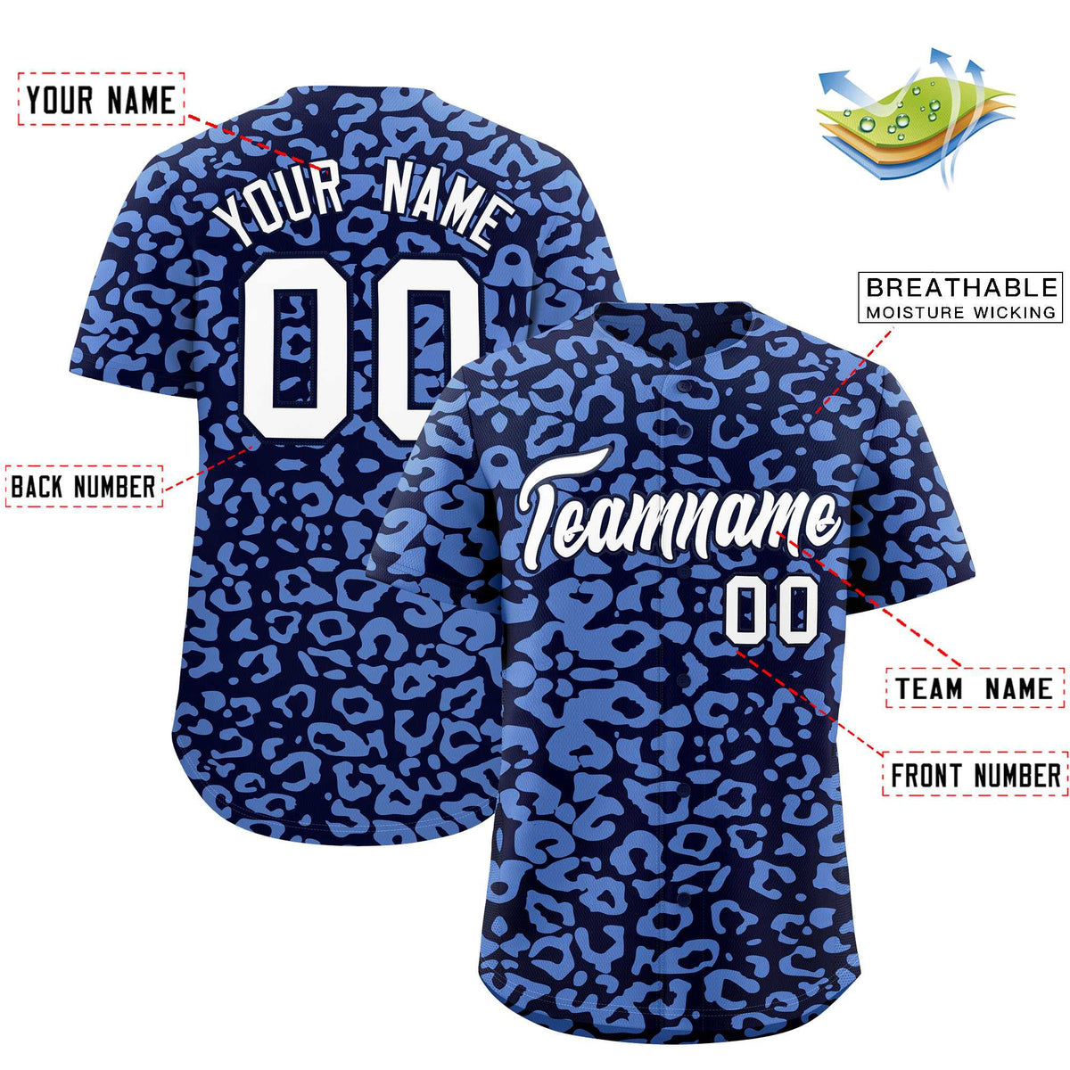 Custom Navy Light Blue Leopard Print Pattern Authentic Baseball Jersey