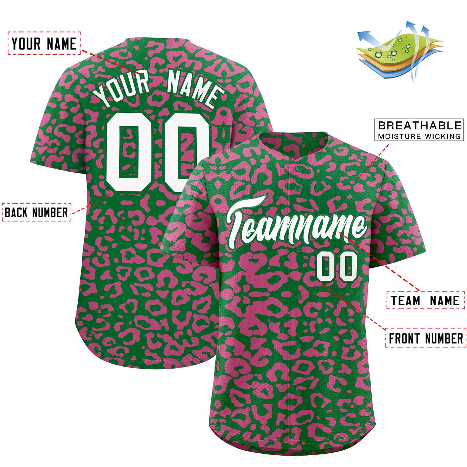 Custom Kelly Green Pink Leopard Print Pattern Authentic Baseball Jersey