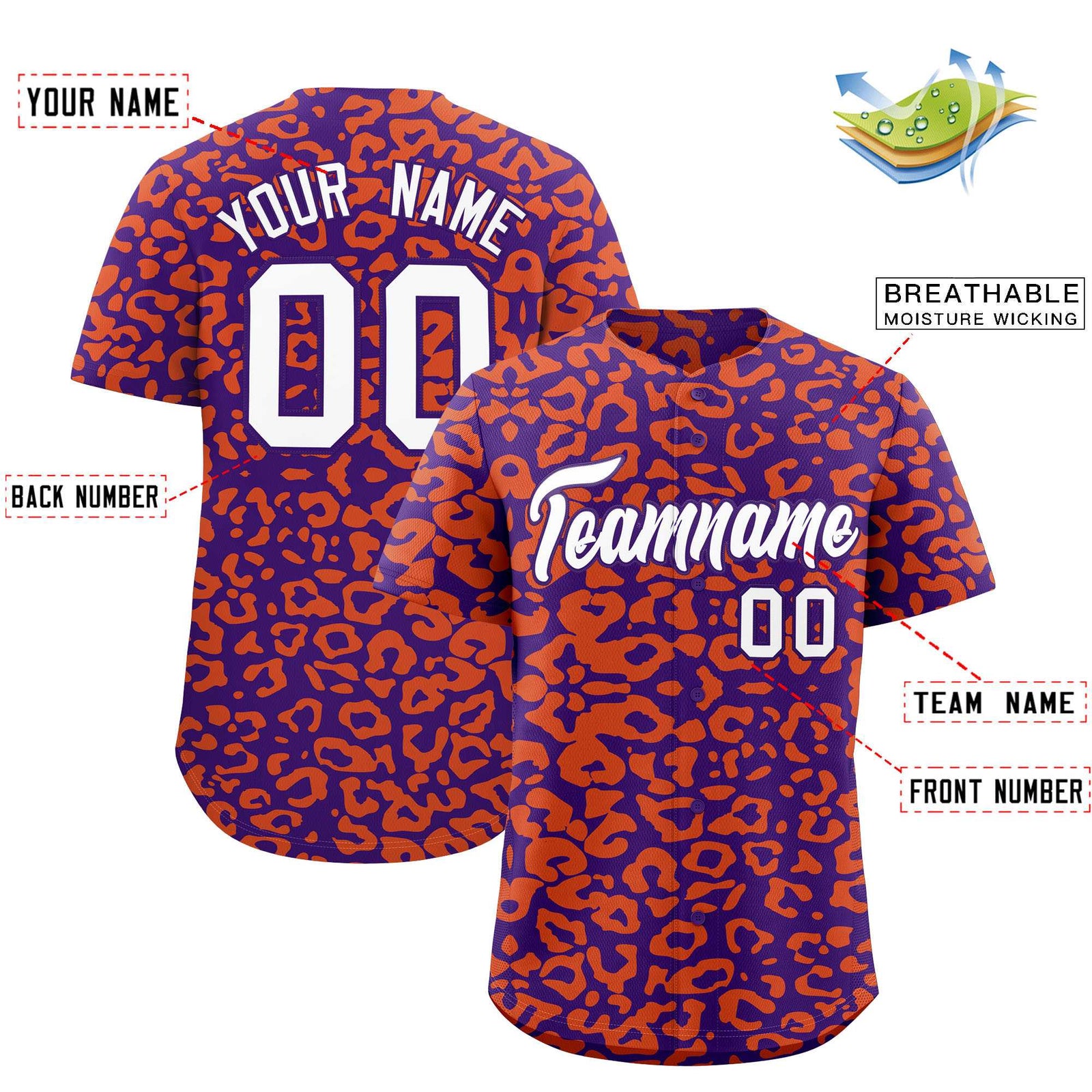 Custom Purple Orange Leopard Print Pattern Authentic Baseball Jersey