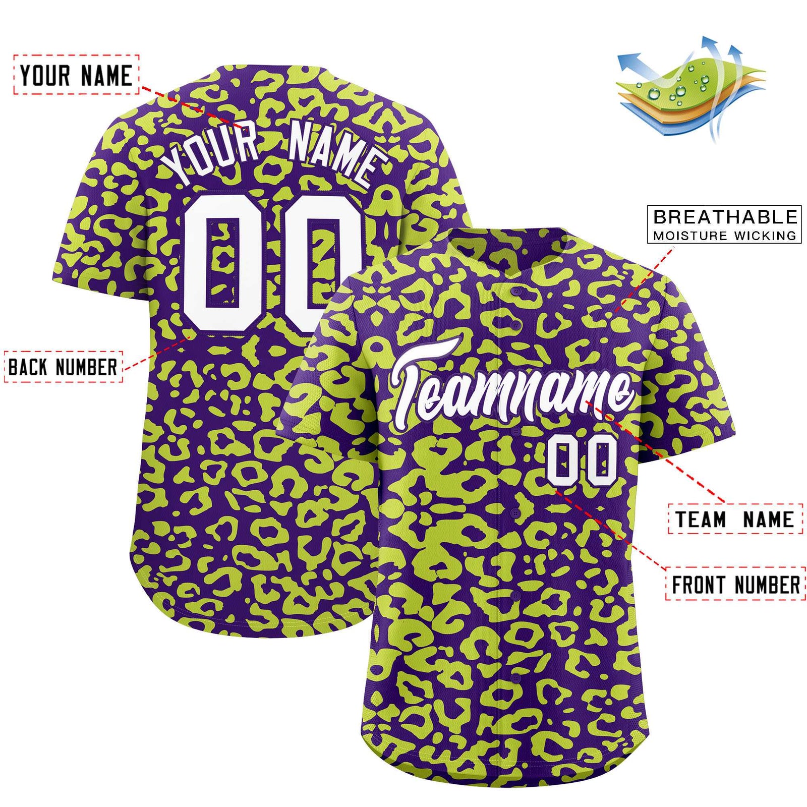 Custom Purple Fluorescent Green Leopard Print Pattern Authentic Baseball Jersey