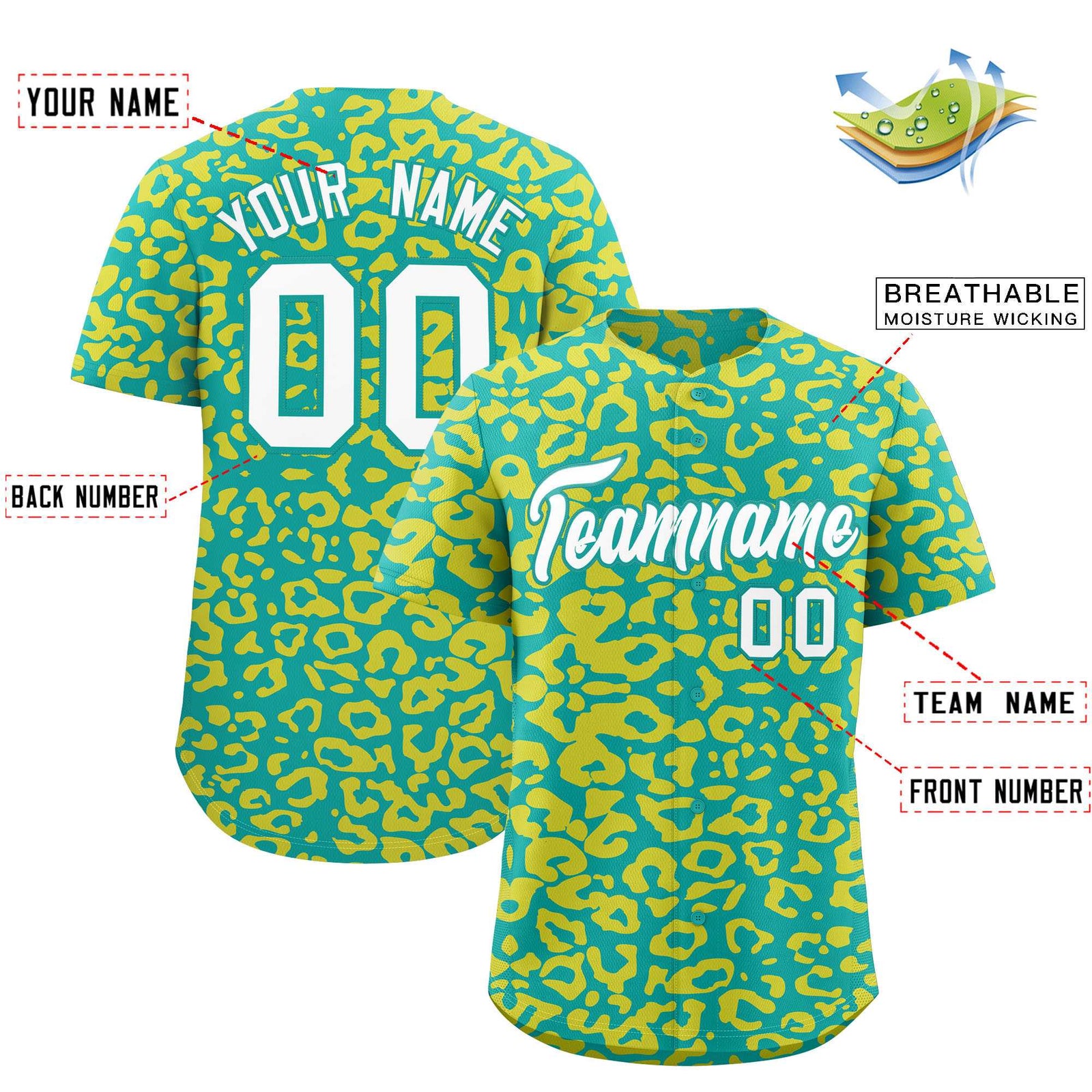 Custom Aqua Gold Leopard Print Pattern Authentic Baseball Jersey