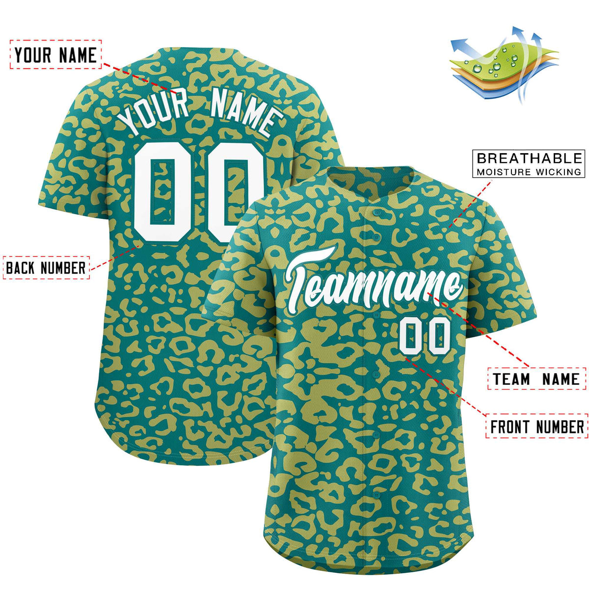 Custom Aqua Old Gold Leopard Print Pattern Authentic Baseball Jersey
