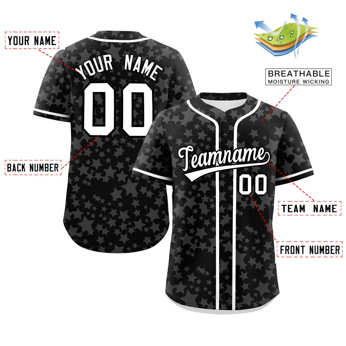 Custom Black White Personalized Star Graffiti Pattern Authentic Baseball Jersey