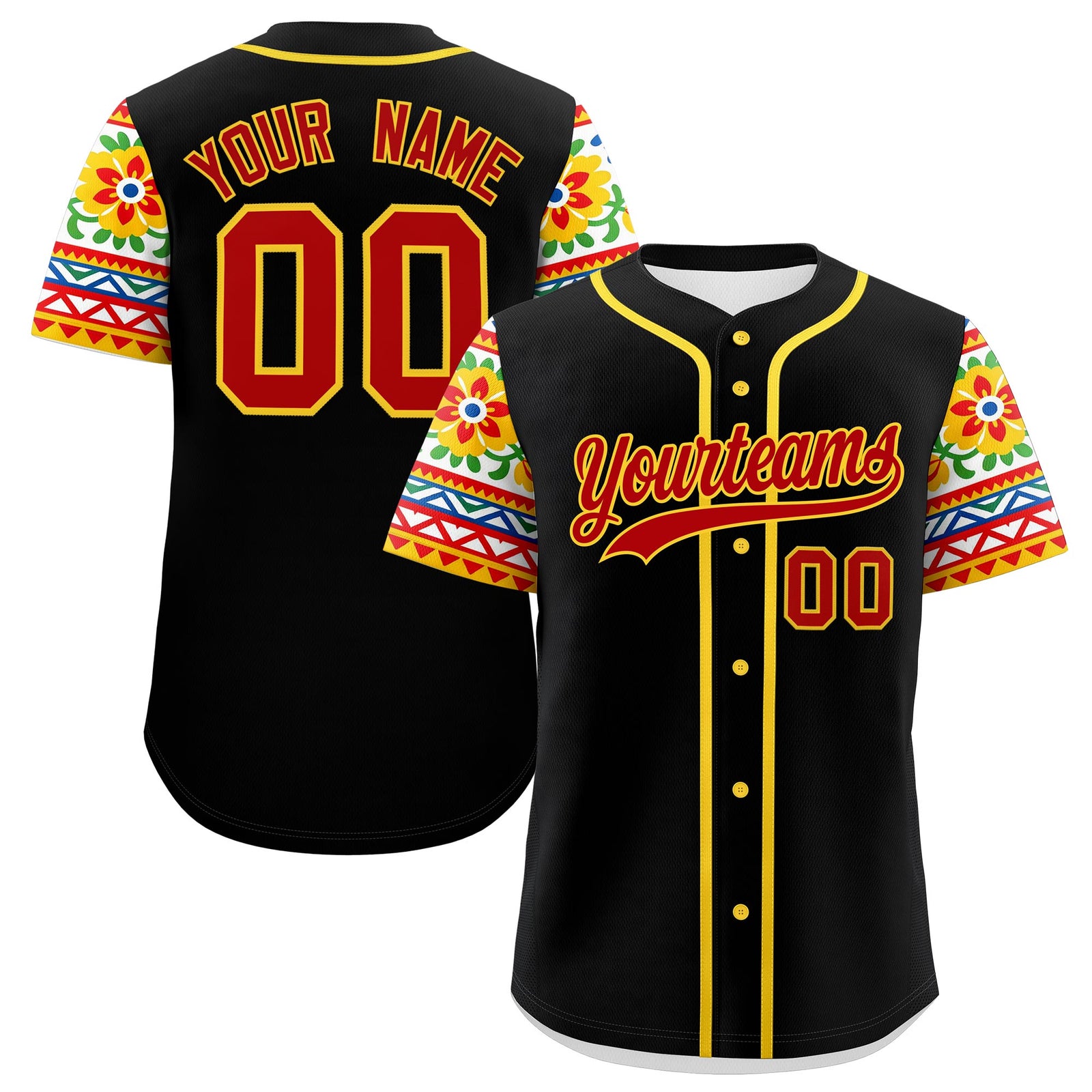Custom Black Red Gold Graffiti Pattern Mexican style Stretch Fabric Baseball Jersey| KXKSHOP