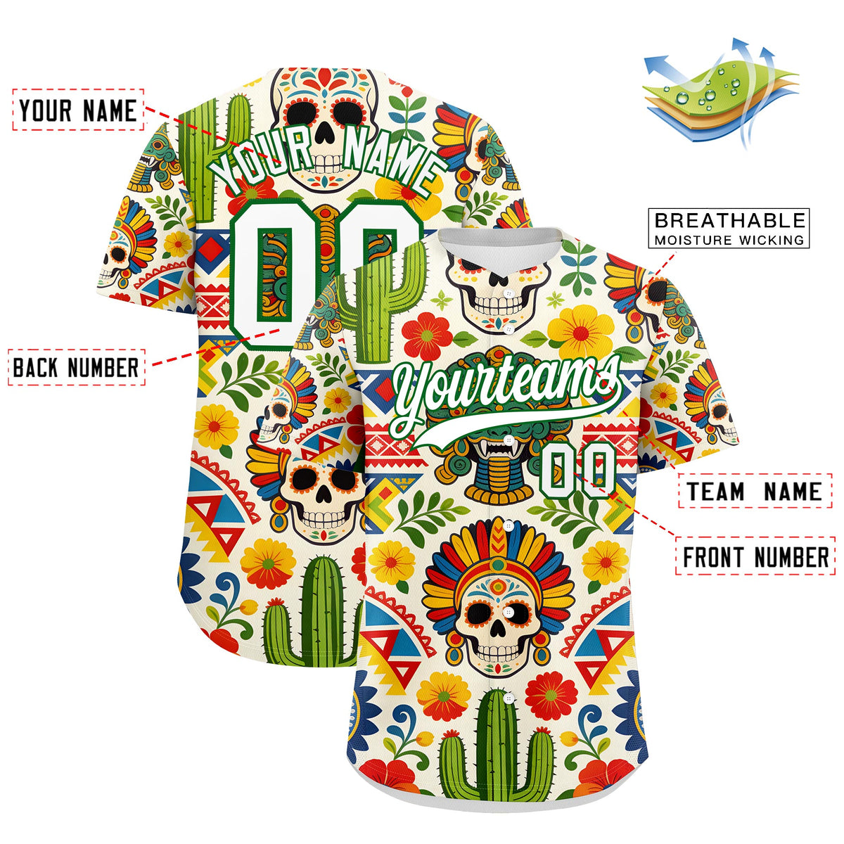 Custom White Kelly Green Graffiti Pattern Mexican style Stretch Fabric Baseball Jersey| KXKSHOP