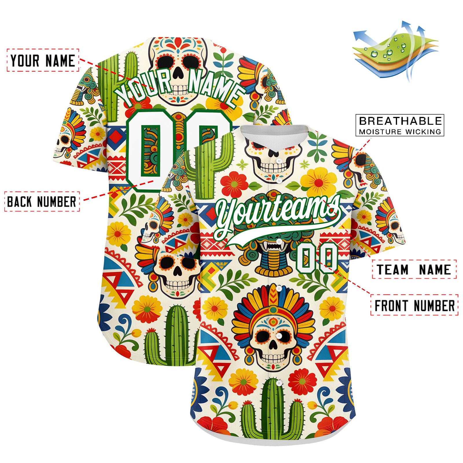 Custom White Kelly Green Graffiti Pattern Mexican style Stretch Fabric Baseball Jersey| KXKSHOP